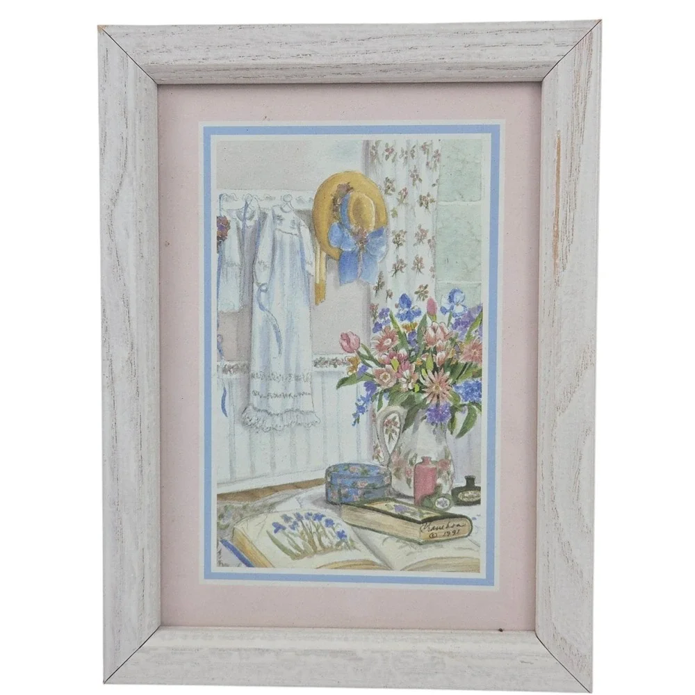 2 Vintage Wood Framed White & Pink Floral Wall Art Prints For Girls Room 8x6